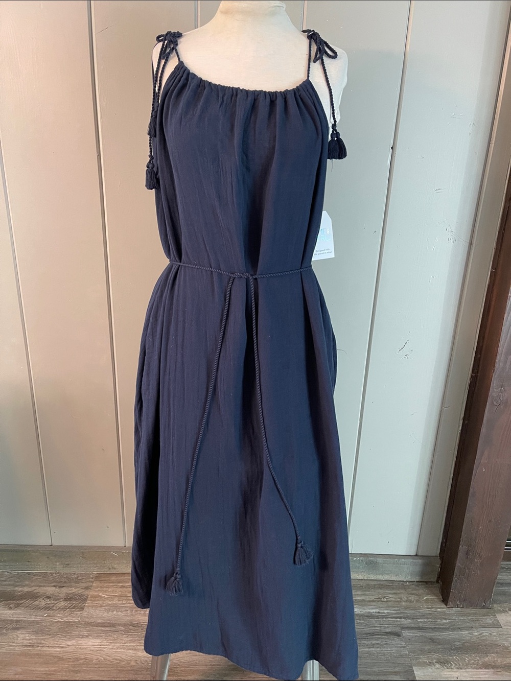 NWT Time Tru Sundress Navy Blue Gauze Grecian Flowy Boho Artsy Coastal Resort 2X
